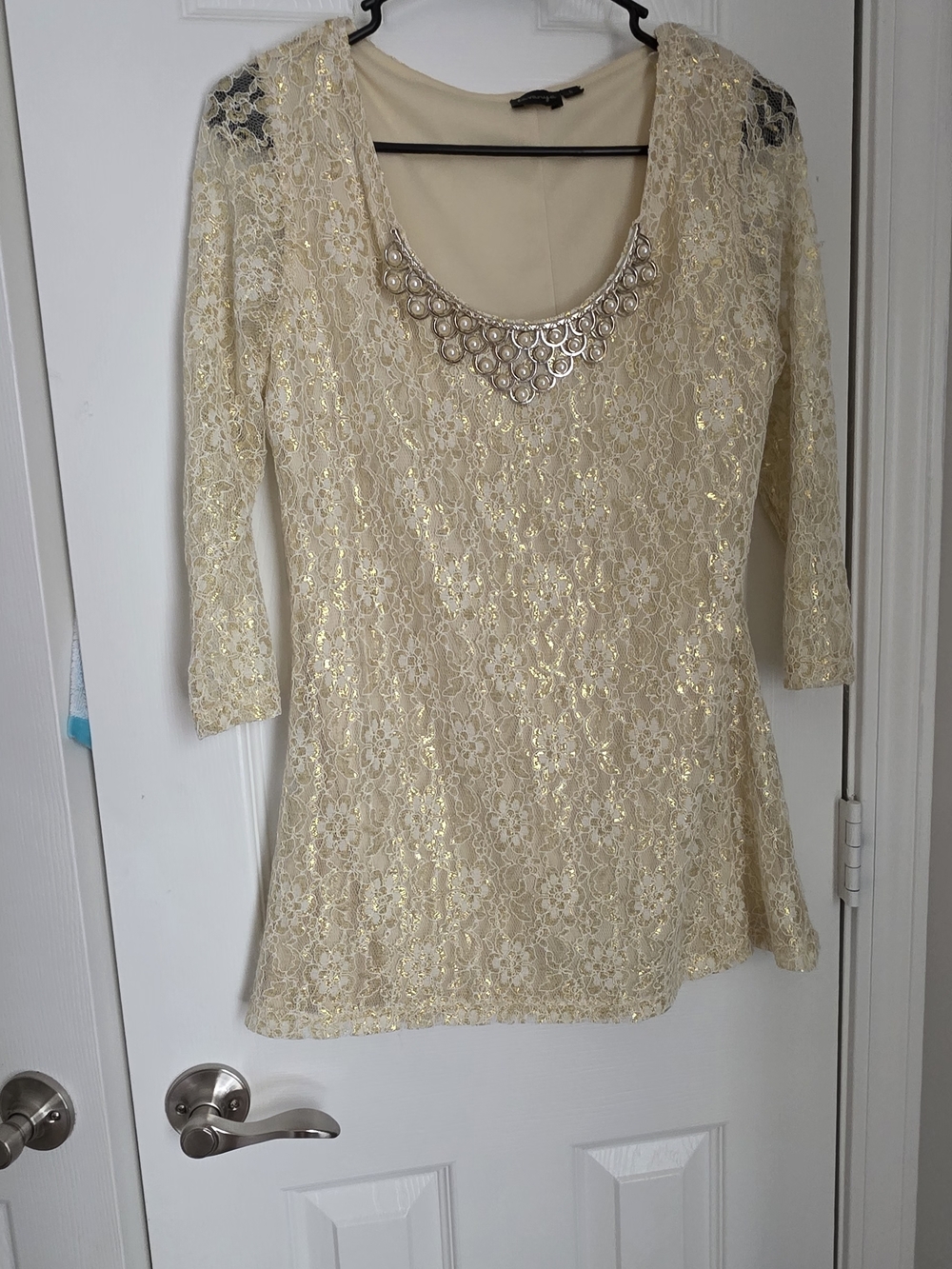 Embellished Lace Scoop-Neck Top in Cream